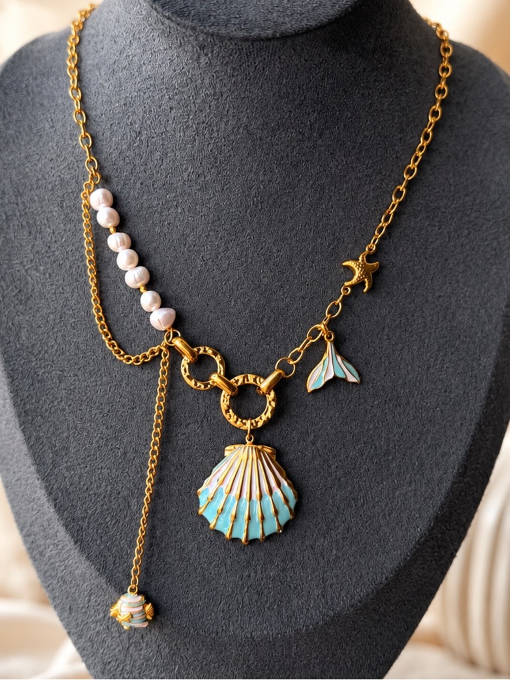 Sea Shell Pendant Necklace with Turquoise Enamel & Pearls Lux Beach Vibes